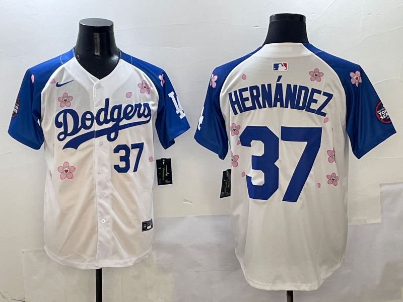 Men Los Angeles Dodgers #37 Hernandez White Blue Sakura Edition 2025 Nike MLB Jersey style 3